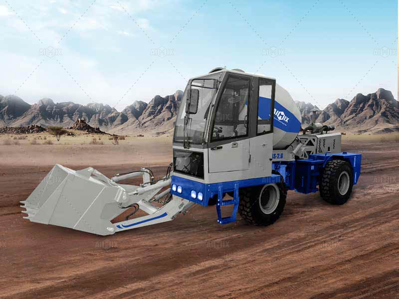 Self-loading concrete mixer truck on site